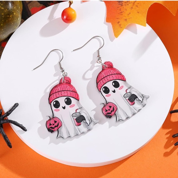 Ghost Holding Pumpkin and Drink Earrings NIP - Picture 3 of 6